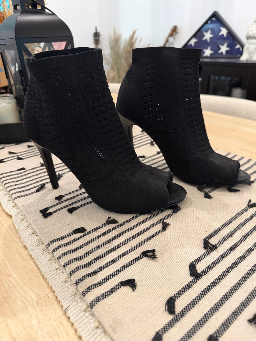 Wild Pair Black Peep-Toe Knit Stiletto Ankle Booties sock like feel